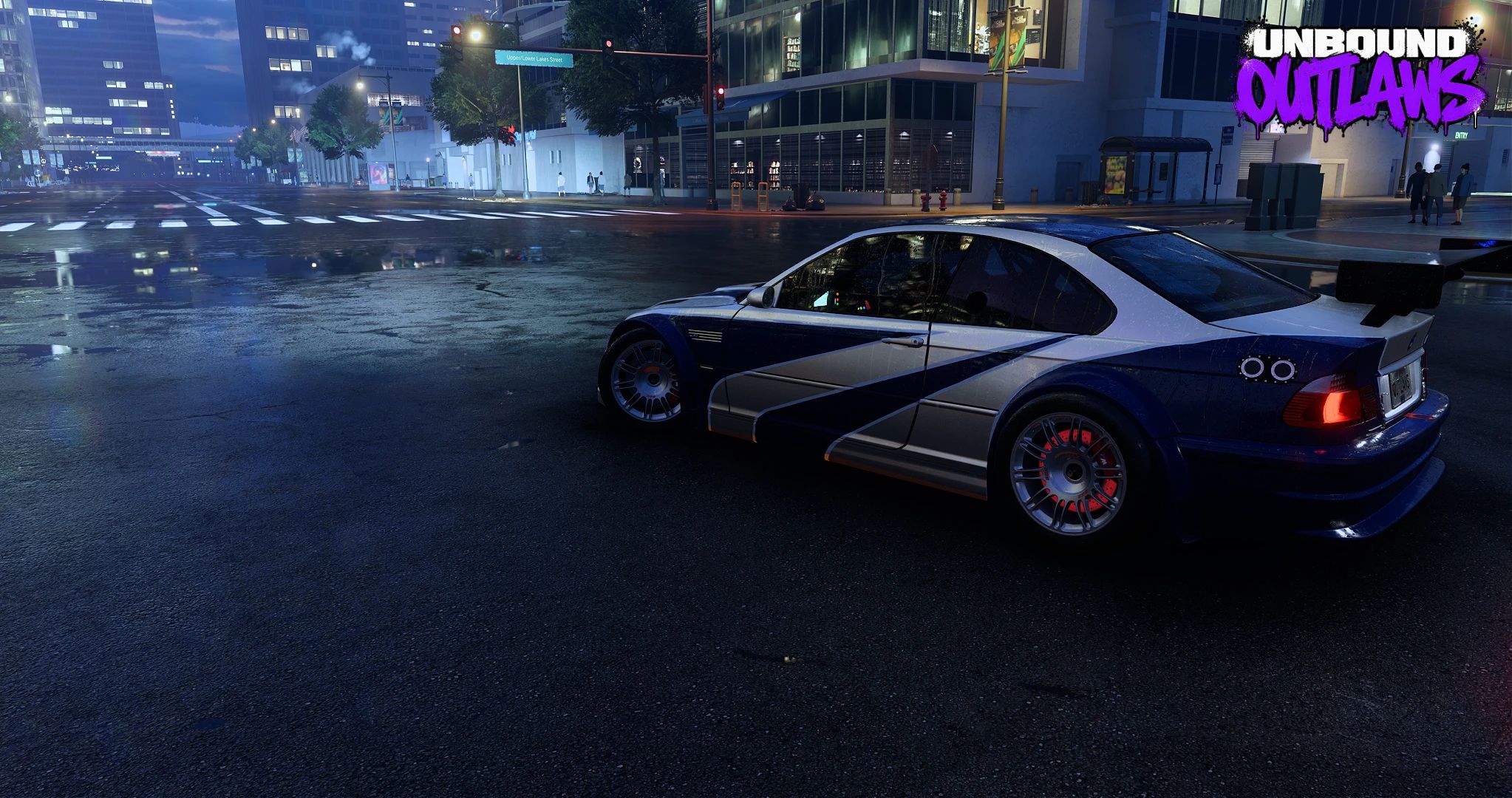 NFS Unbound OUTLAWS mod: a BMW M3 GTR in the Most Wanted livery parked on a rain-soaked street at night