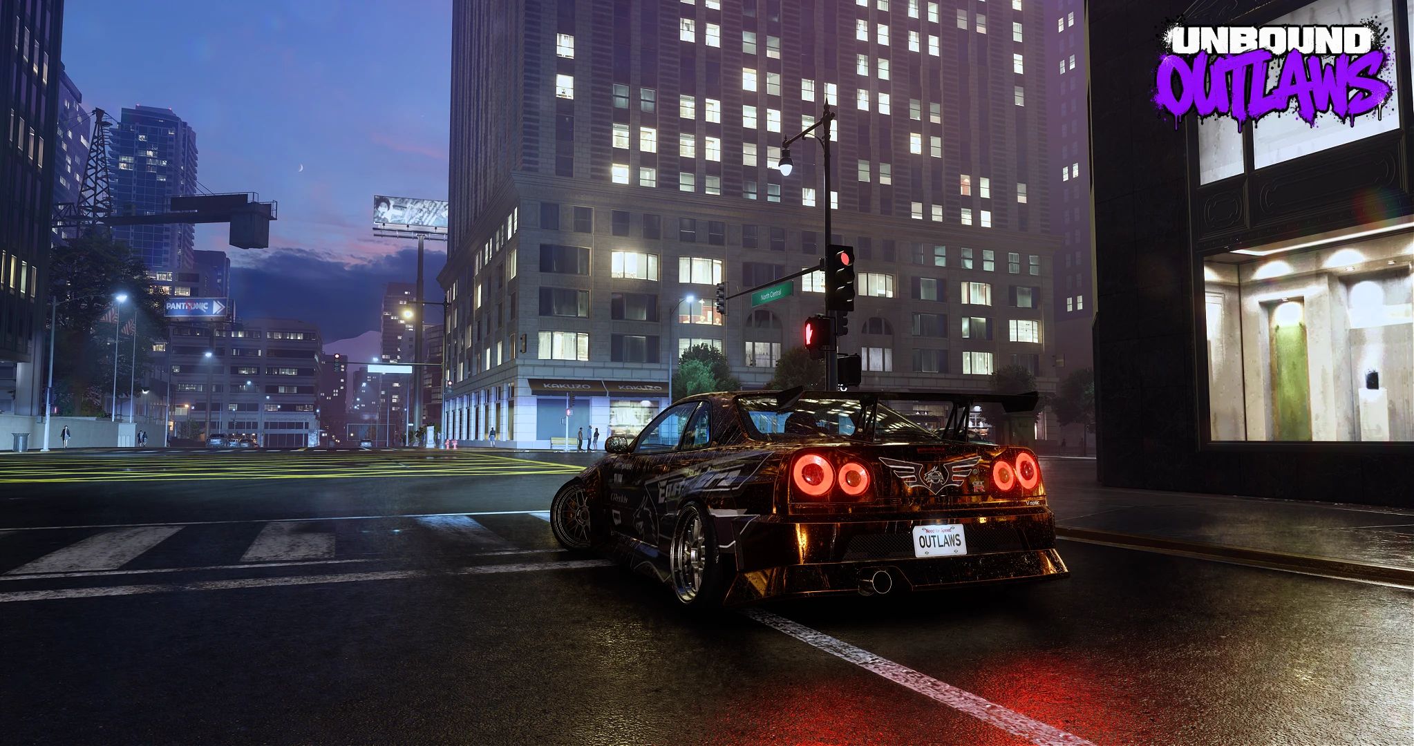 NFS Unbound OUTLAWS mod: a Nissan Skyline R34 at a wet downtown intersection at night