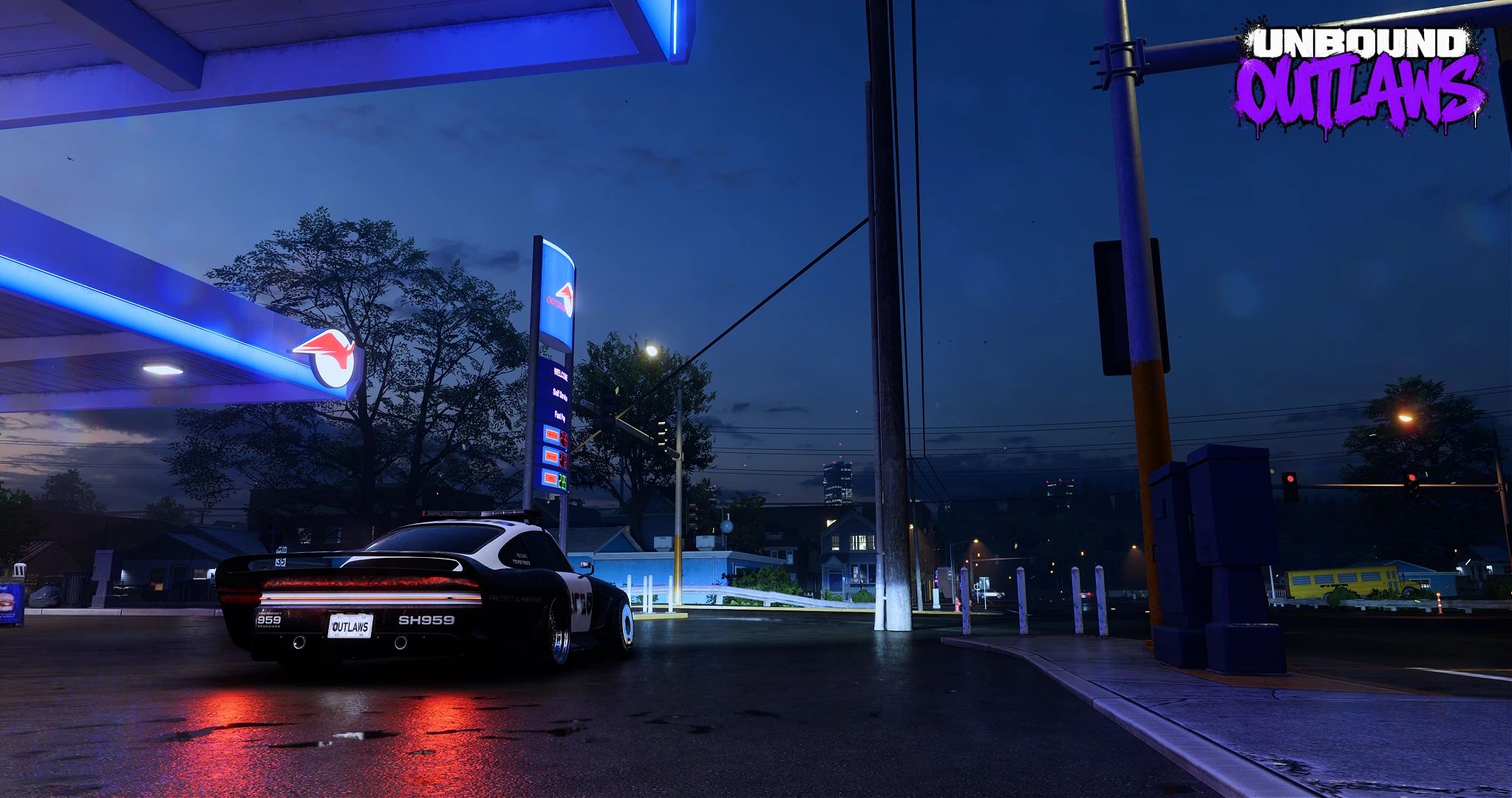 NFS Unbound OUTLAWS mod: a police unit parked at a gas station at night under neon light