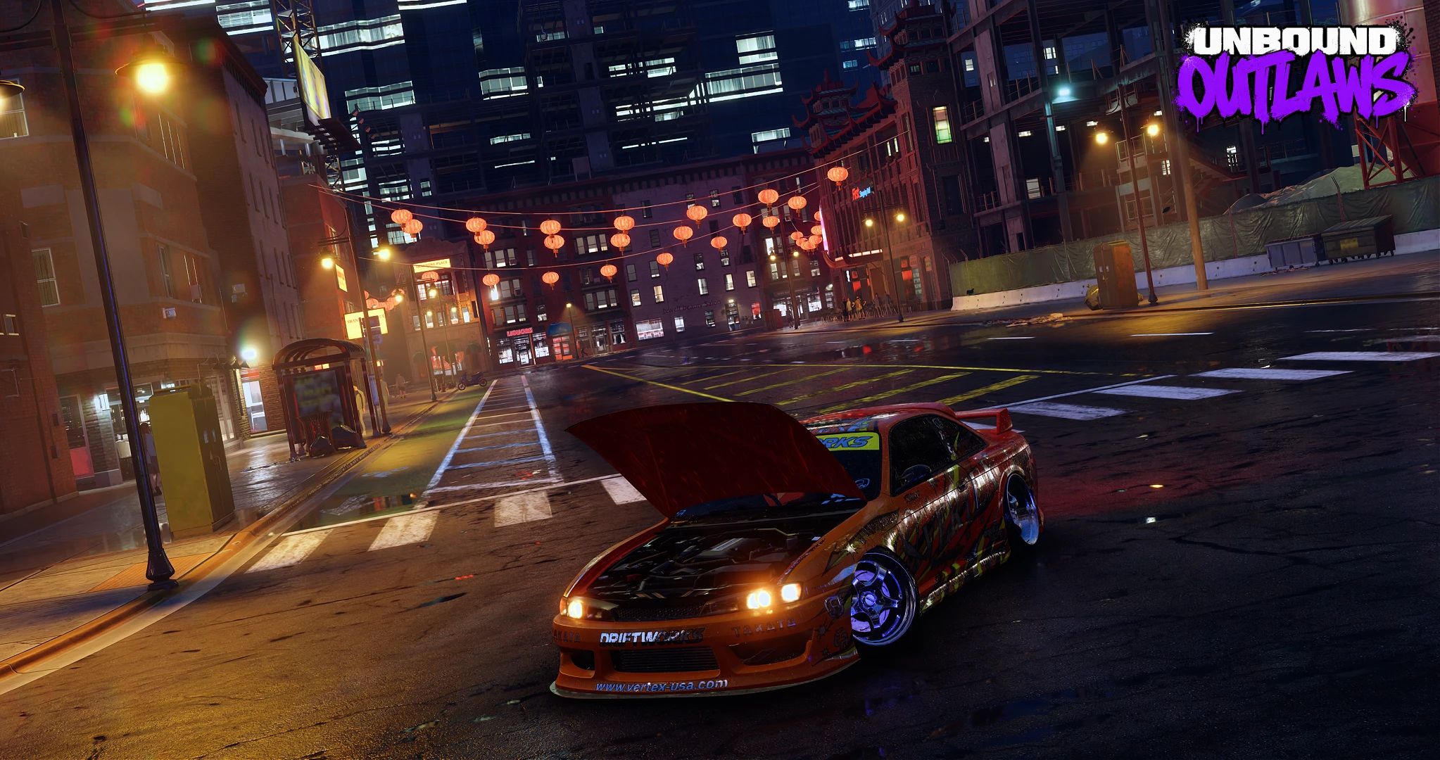 NFS Unbound OUTLAWS mod: a Nissan Silvia with its hood open on a lantern-lit street at night