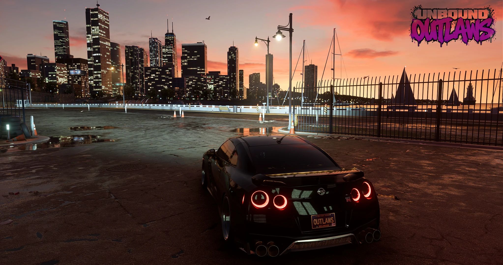 NFS Unbound OUTLAWS mod: a Nissan GT-R on the waterfront at sunset with the Lakeshore skyline behind