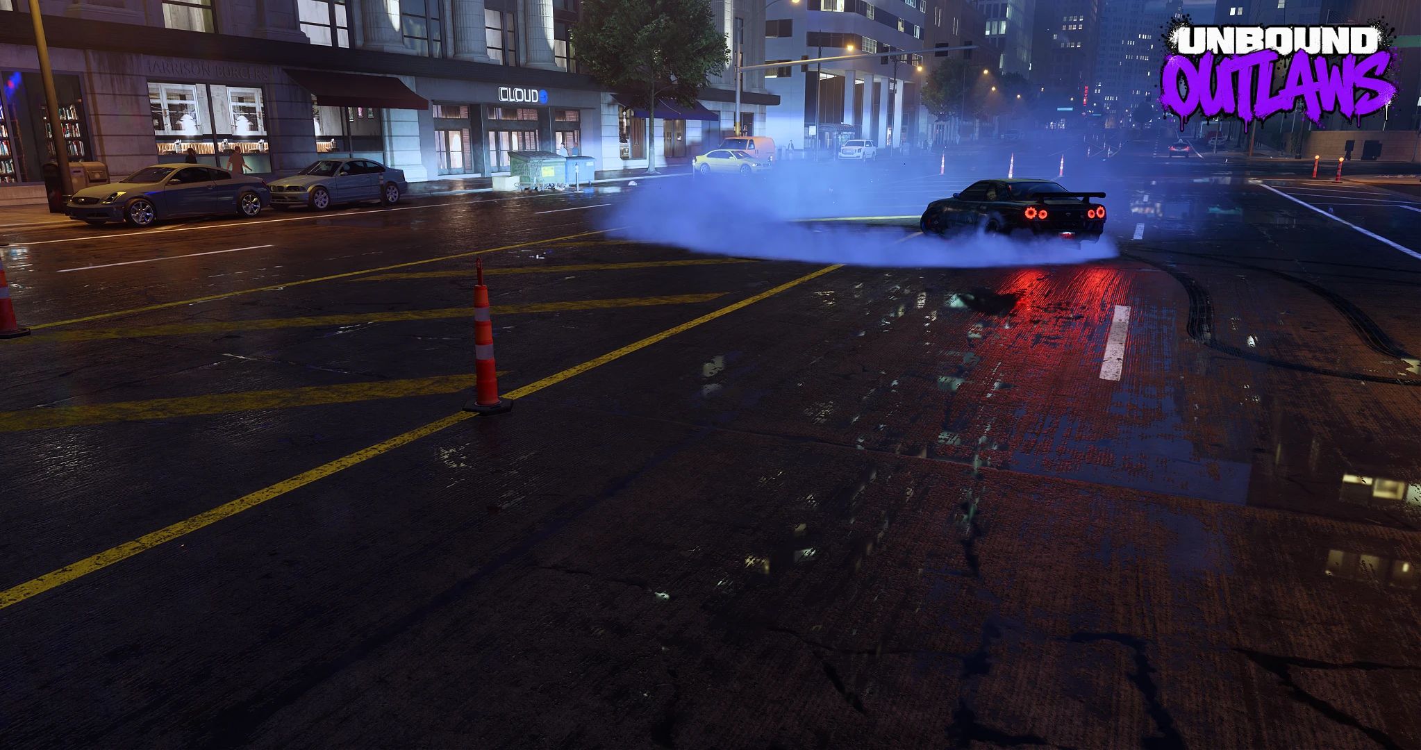 NFS Unbound OUTLAWS mod: a car doing a burnout on a wet street at night, tyre smoke lit blue