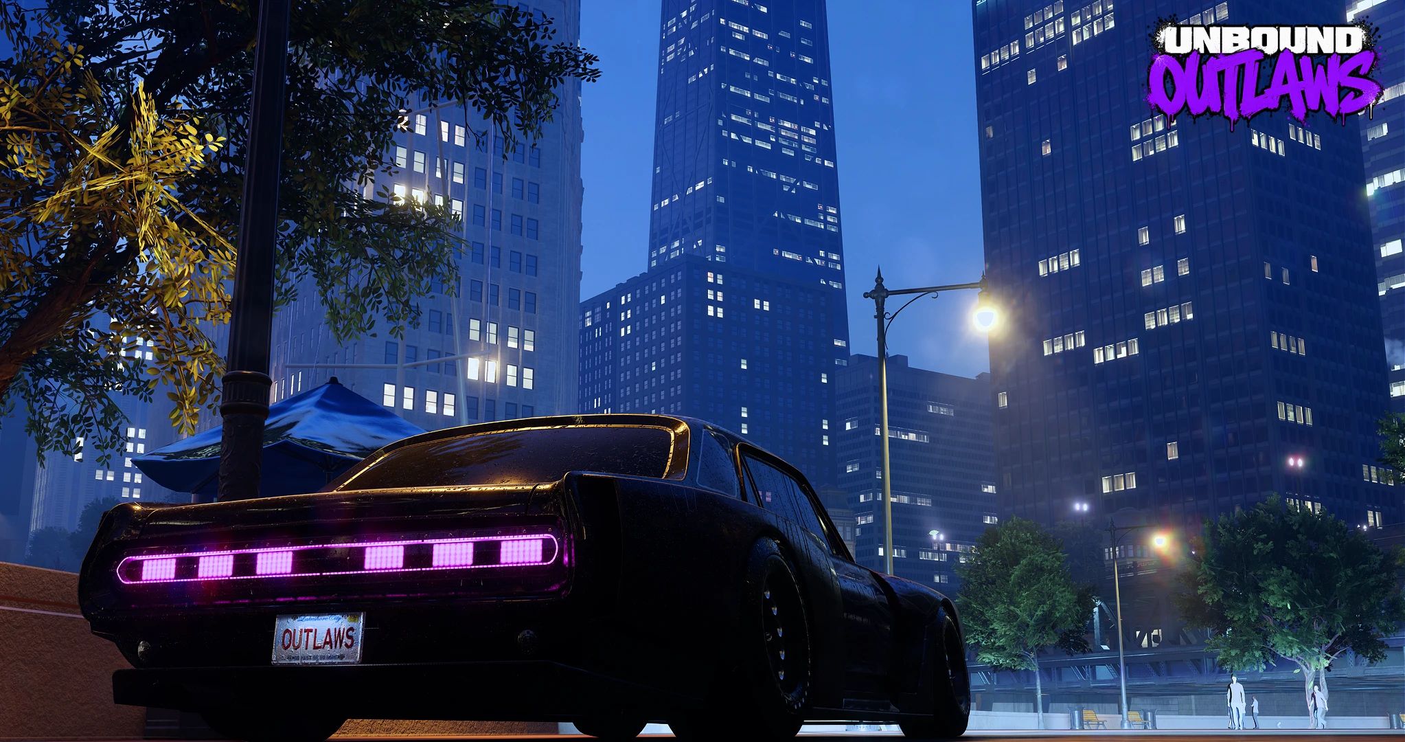 NFS Unbound OUTLAWS mod: a black muscle car with a purple tail-light bar downtown at night