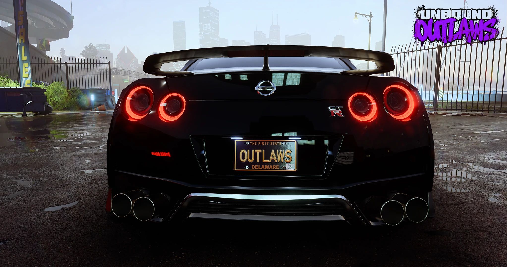 NFS Unbound OUTLAWS mod: rear of a Nissan GT-R with an OUTLAWS licence plate on a wet street