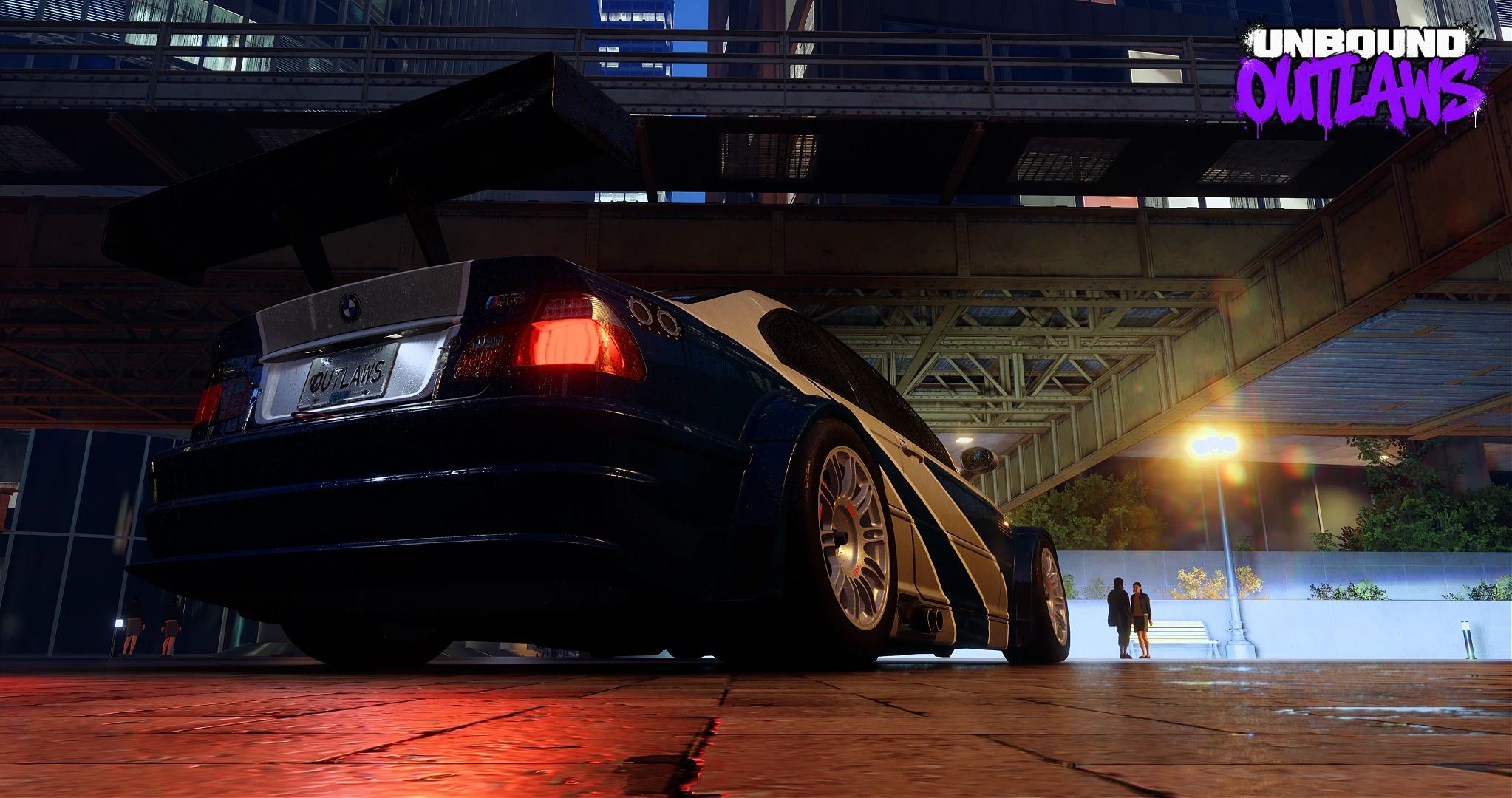 NFS Unbound OUTLAWS mod: a BMW M3 GTR under a highway overpass at night lit by orange streetlights