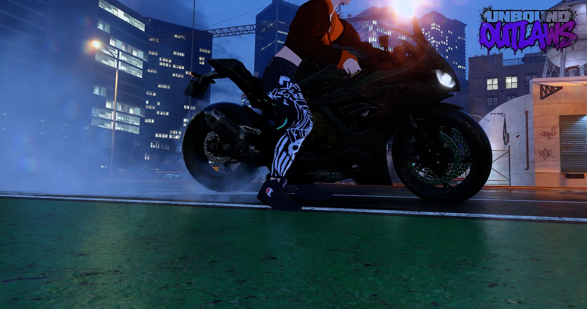 NFS Unbound OUTLAWS mod: a rider doing a burnout on a sport bike at night