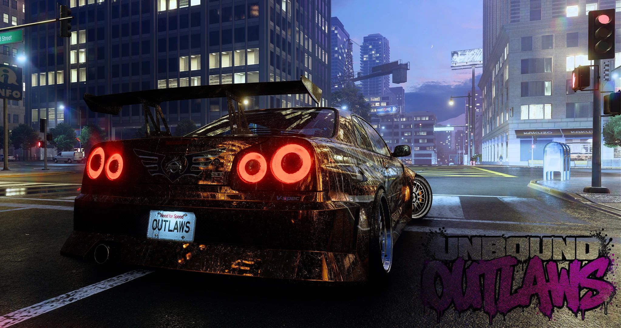 NFS Unbound OUTLAWS mod: rear of a liveried Nissan Skyline R34 at a city intersection at dusk