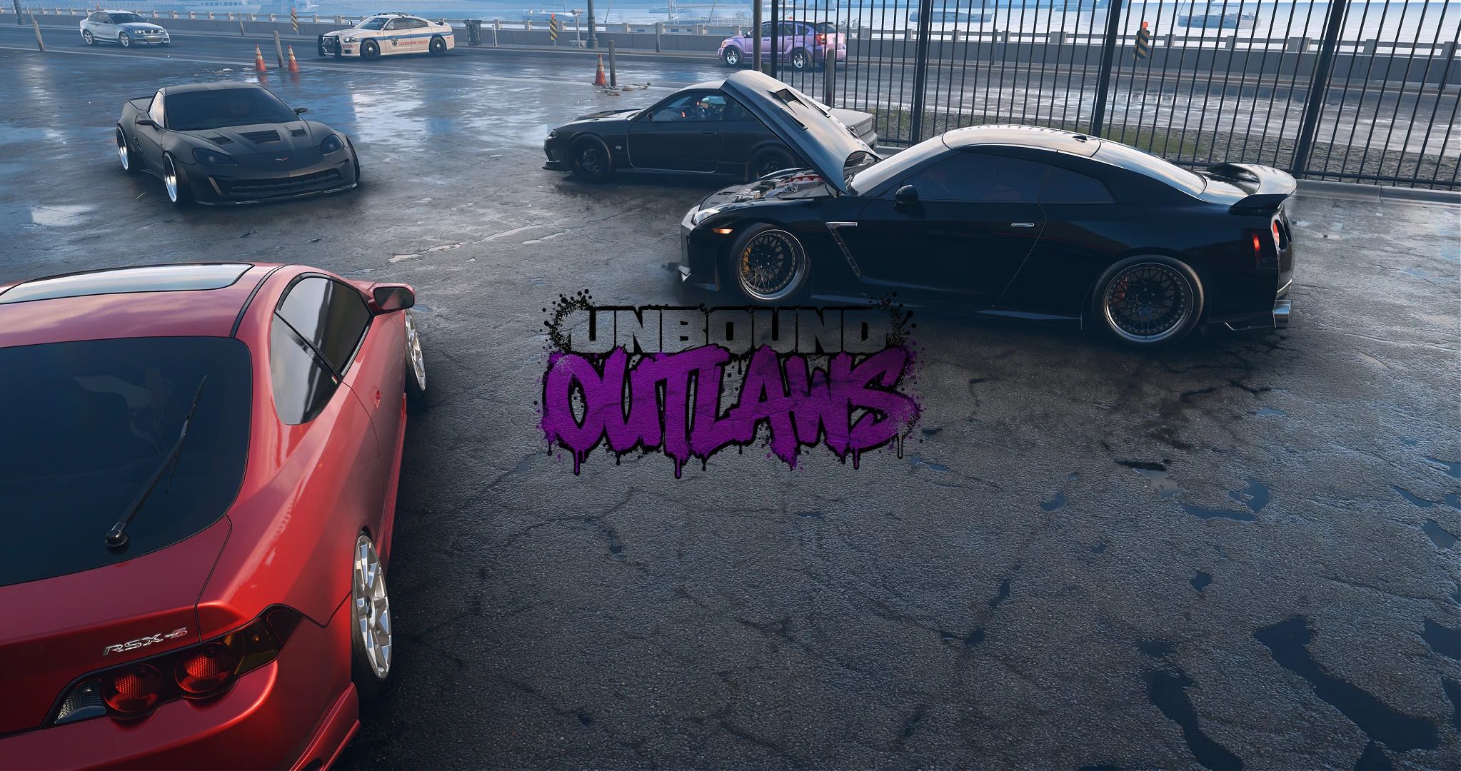 NFS Unbound OUTLAWS mod: cars parked at a night meet with hoods open on wet asphalt