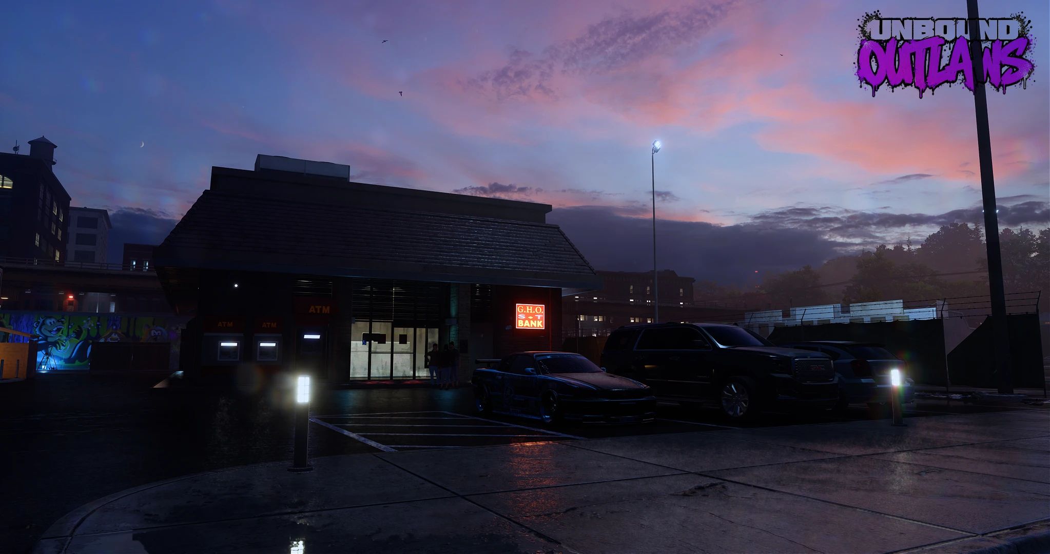 NFS Unbound OUTLAWS mod: a corner lot and storefront at dusk under a pink and blue sky