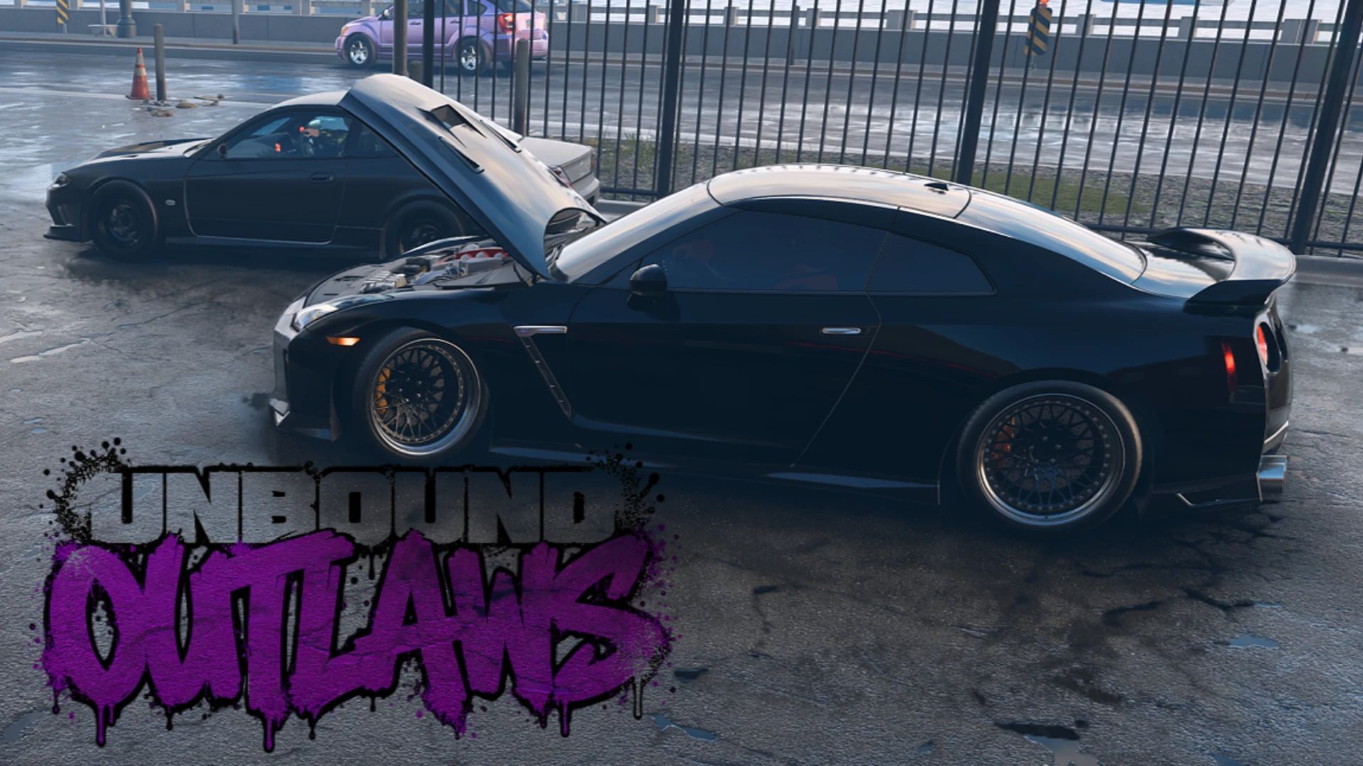 NFS Unbound OUTLAWS mod: a Nissan GT-R with its hood open next to another car in the rain
