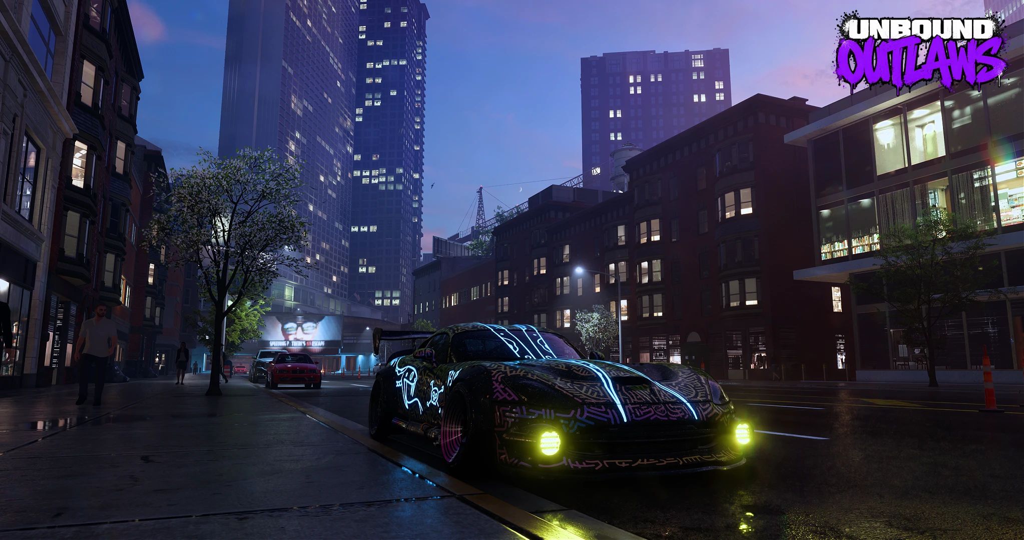 NFS Unbound OUTLAWS mod: the Lakeshore skyline over the harbor road in daylight under layered clouds, a bird overhead