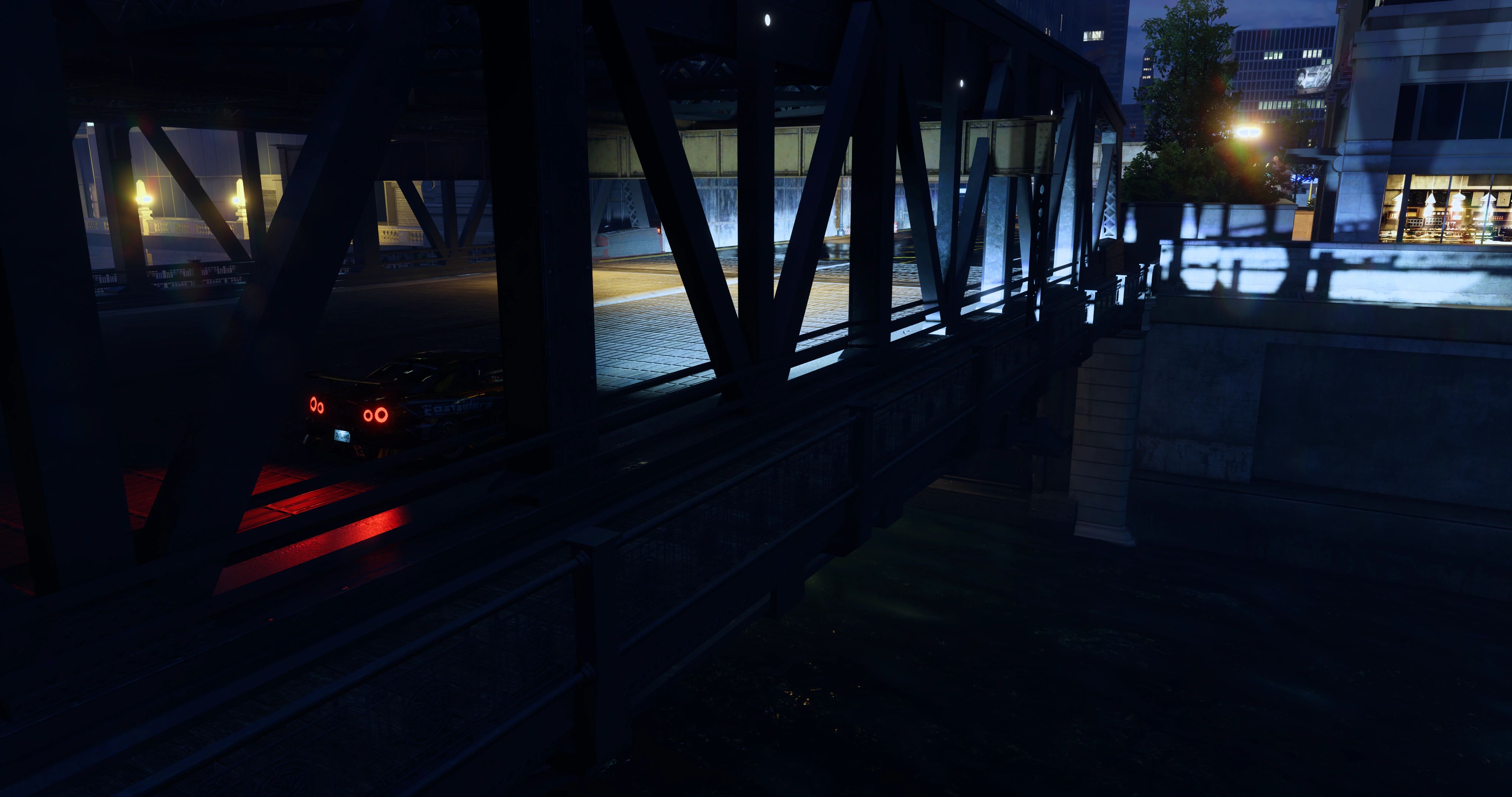 NFS Unbound OUTLAWS mod: a Nissan Skyline R34 under a steel truss bridge at night, its tail-lights reflected on the wet road