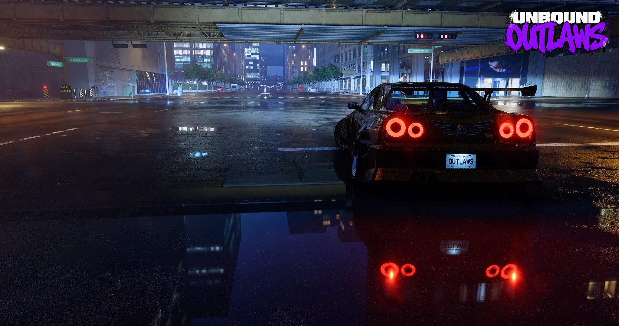 NFS Unbound OUTLAWS mod: a Nissan Skyline R34's tail lights reflected in a rain puddle on a Lakeshore street at night