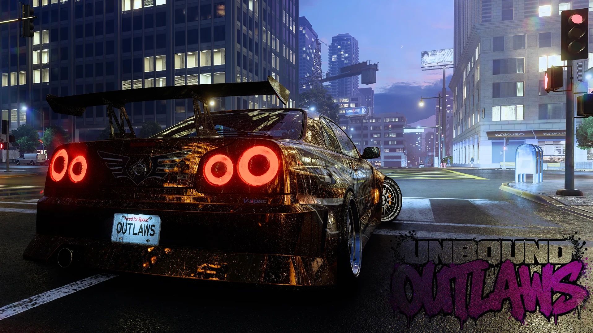 NFS Unbound OUTLAWS mod: close rear view of a Nissan Skyline R34 with an OUTLAWS licence plate at a downtown intersection at dusk