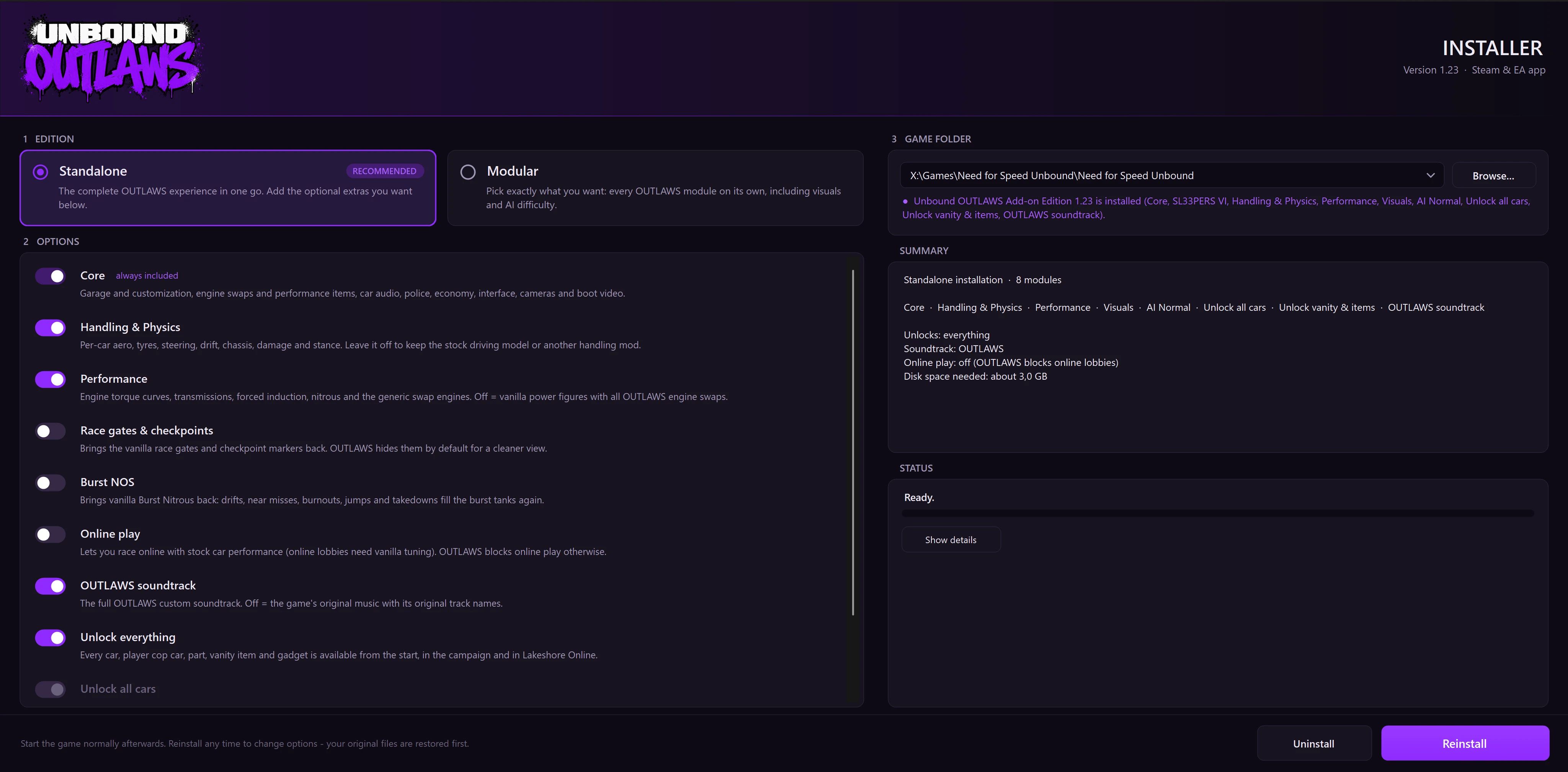 The OUTLAWS installer v1.23: Standalone or Modular edition, option toggles, game folder picker and install summary