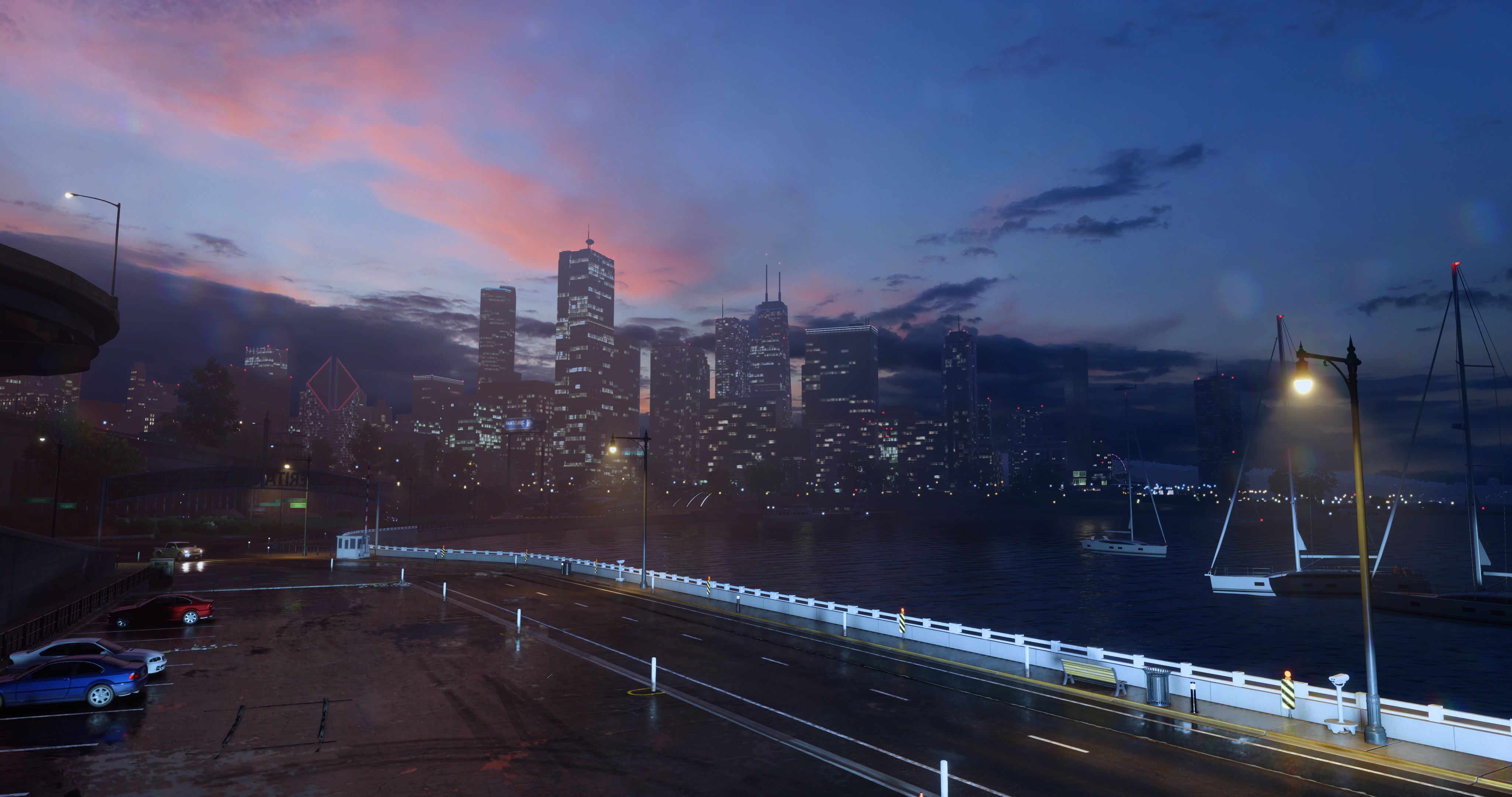 OUTLAWS dawn lighting: the same harbor road under a pink and violet pre sunrise sky, street lamps still lit