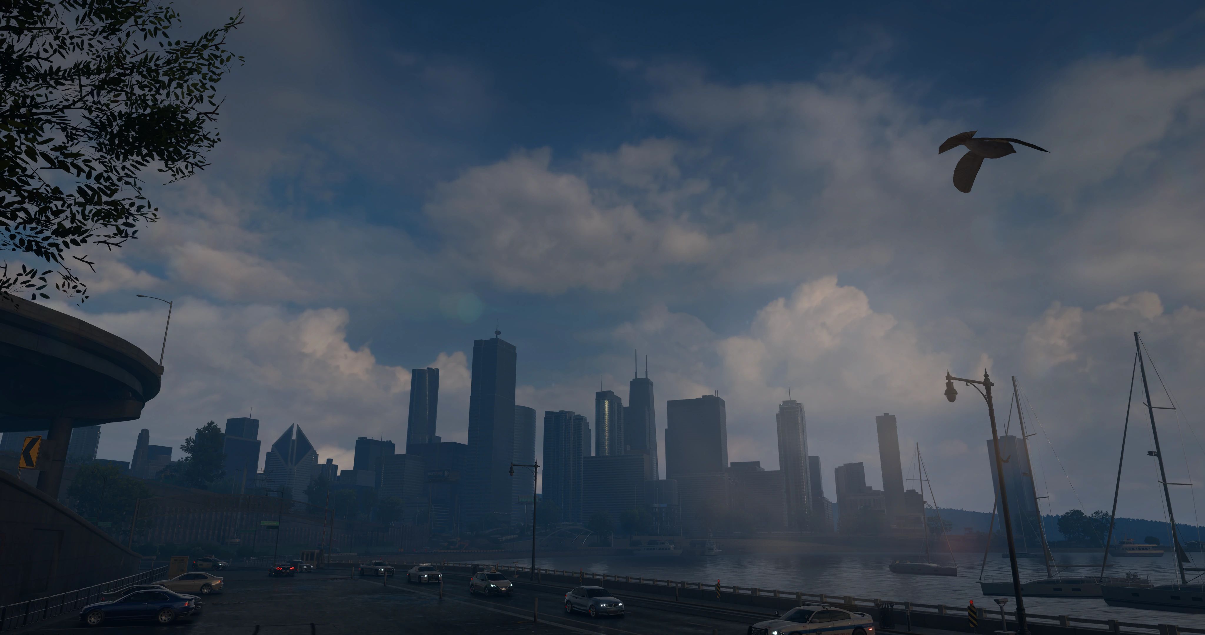 OUTLAWS daylight: the Lakeshore skyline over the harbor road at noon under layered clouds